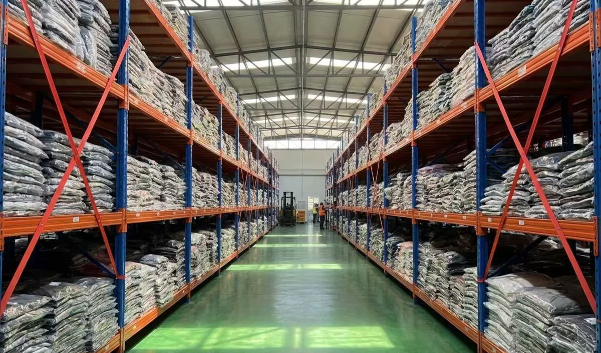 Finished bags packed and organized on warehouse racking inside the factory