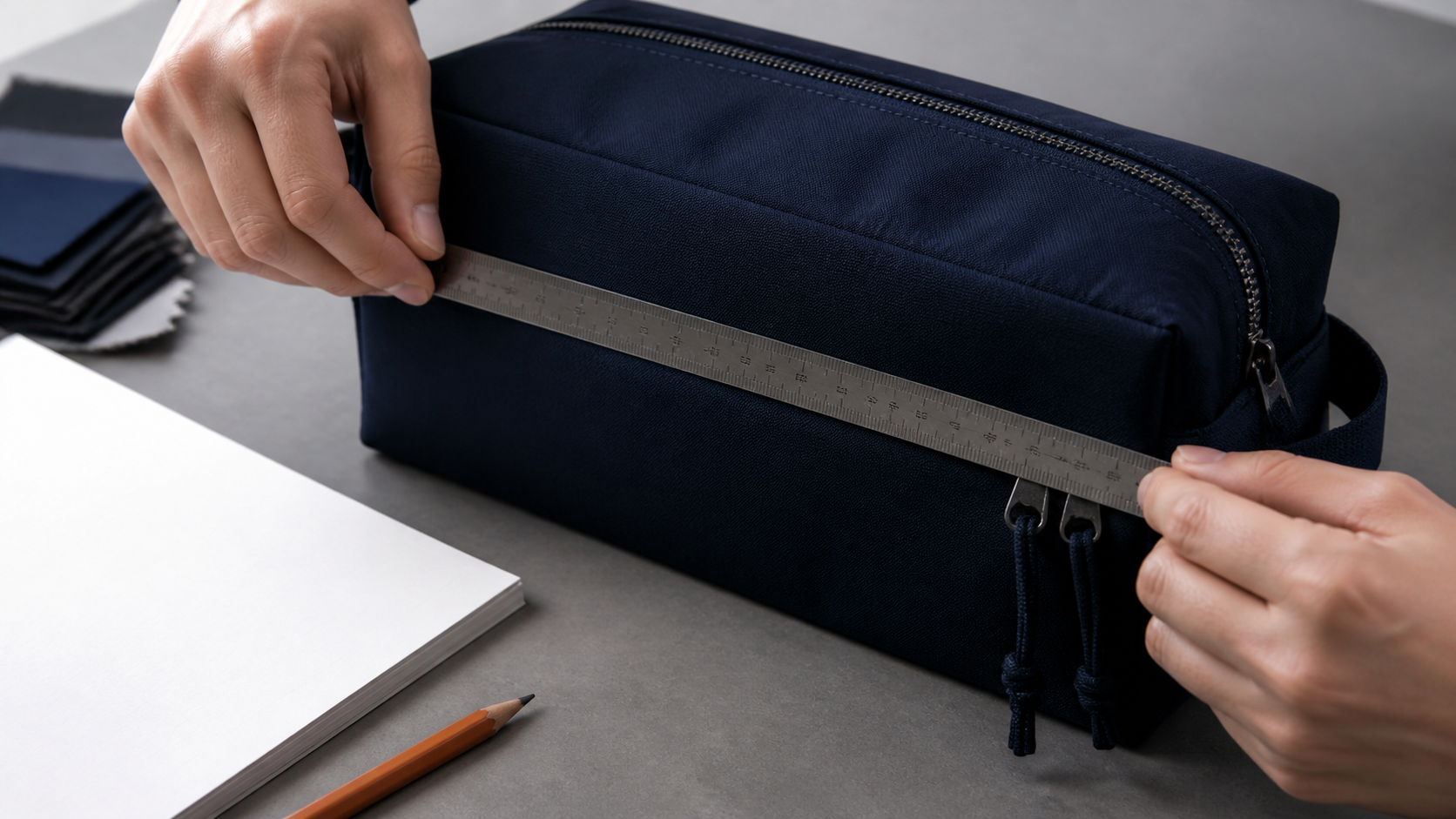Hands measuring an unbranded navy bag sample and checking its zipper and seams