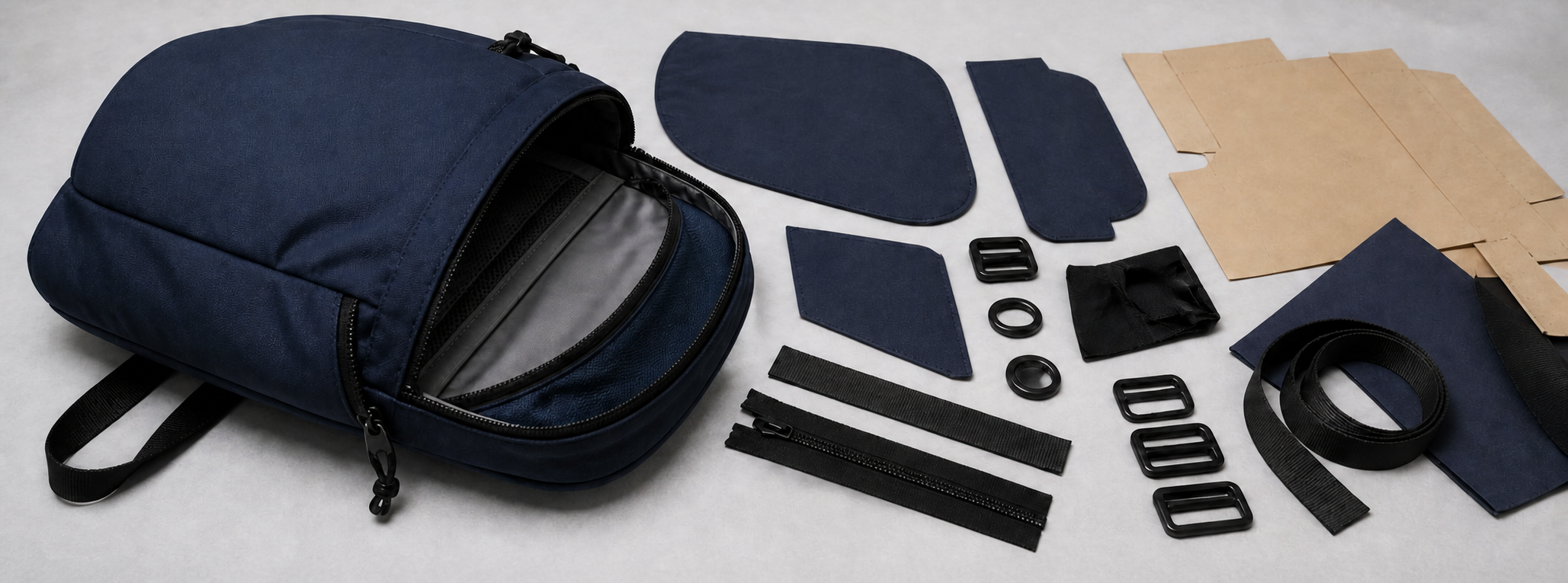 Open navy backpack with cut fabric panels, paper patterns and carrying components on a studio worktable