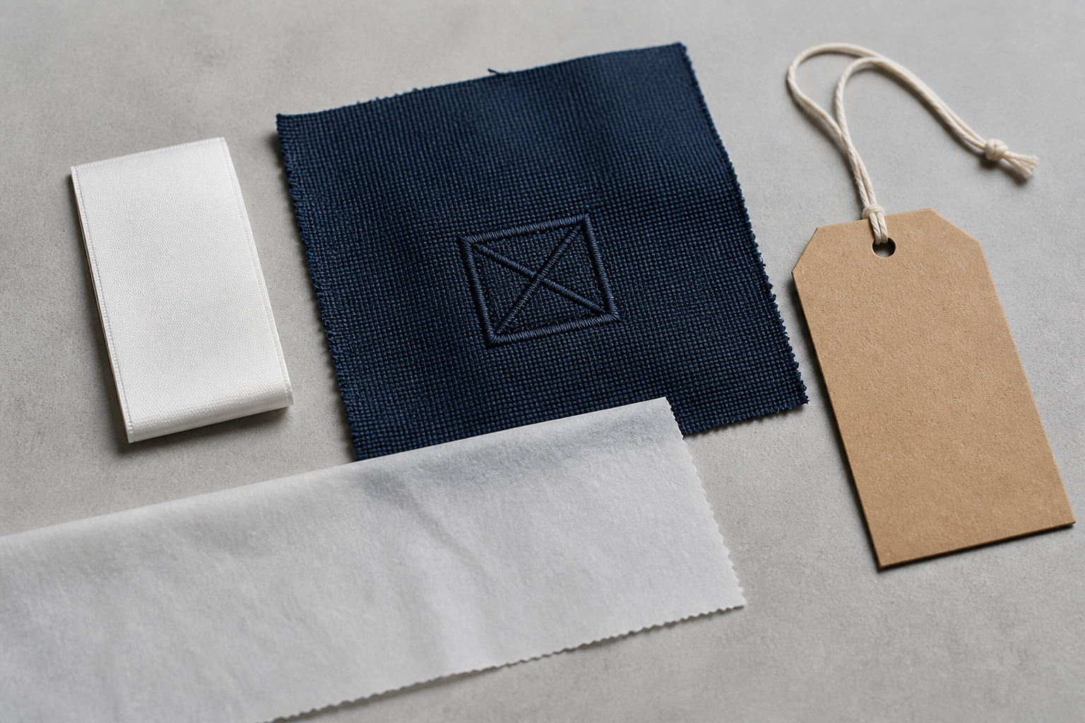 Blank label, tonal embroidery study, kraft tag and tissue