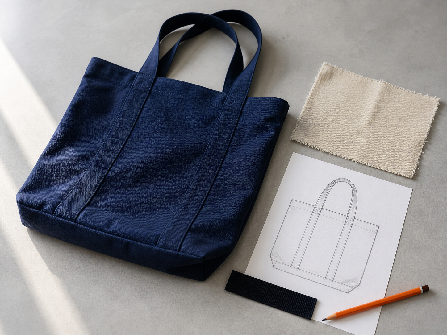 Navy canvas tote, fabric swatch and bag sketch arranged as an illustrative project brief