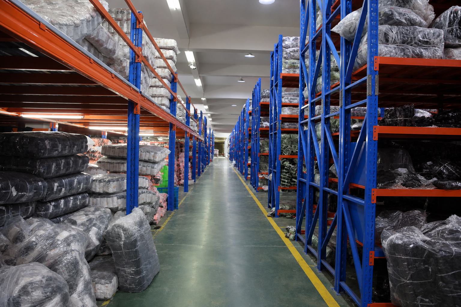 Wrapped textile rolls organized along an affiliated material-storage aisle
