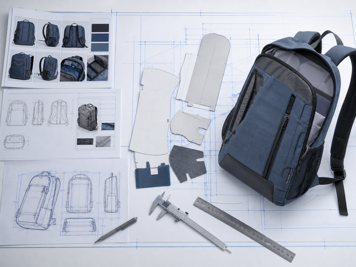 Backpack design reference, paper patterns, technical drawings and measuring tools