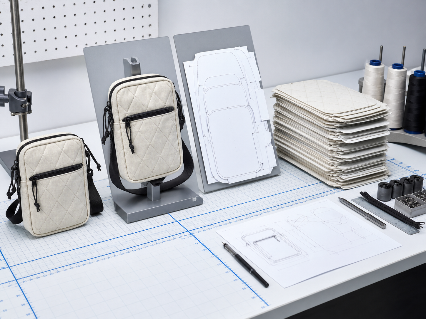 Quilted pouch development references with panel patterns, thread and prepared fabric