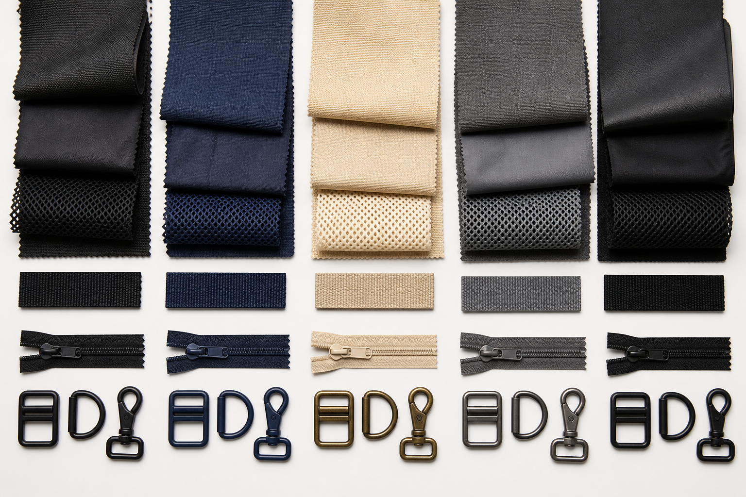 Editorial fabric board with different woven swatches, webbing, zippers and hardware