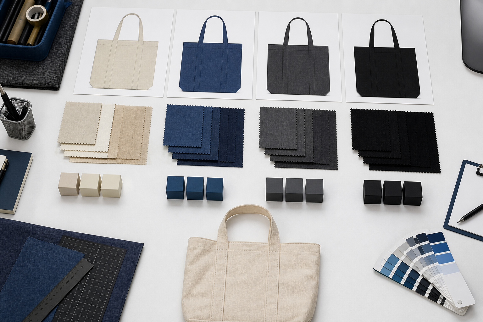 Editorial assortment of bag colors and order-planning materials