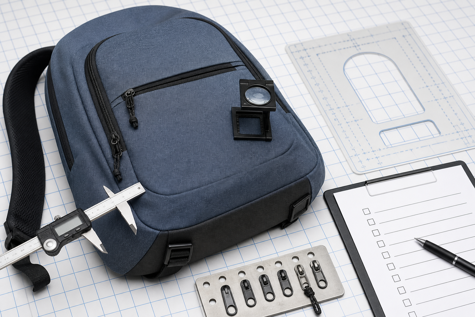 Editorial close-up of bag workmanship being checked against a sample reference