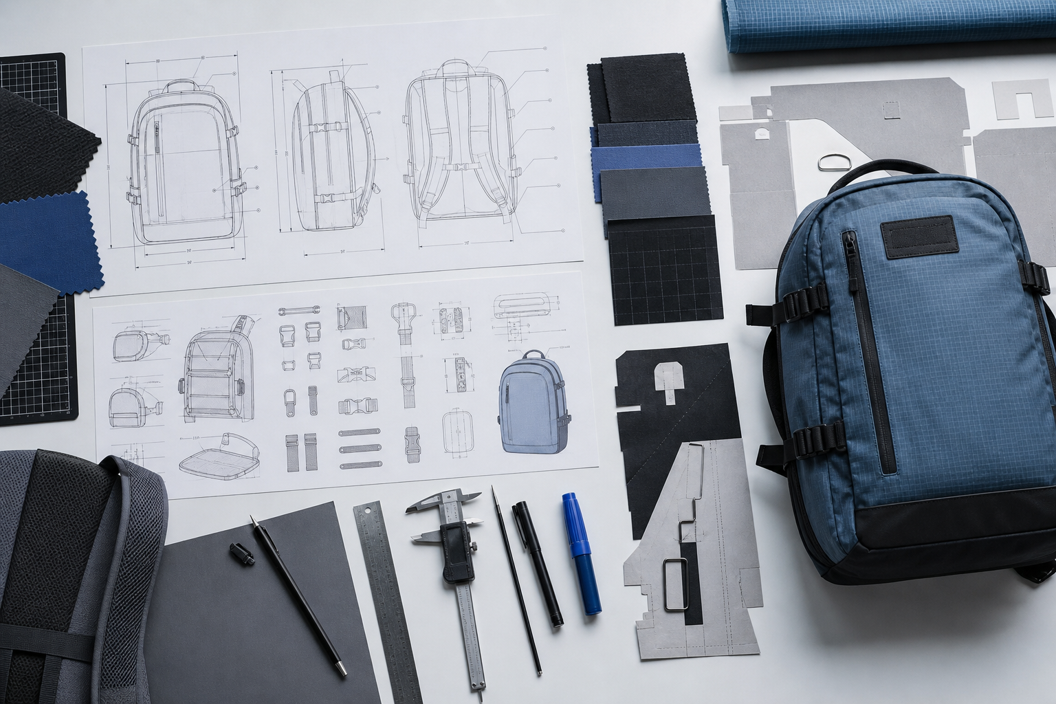 Editorial flat lay of backpack drawings, fabric references and bag components