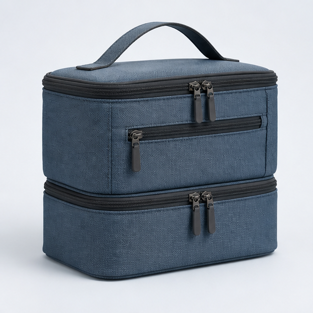 Dual-compartment makeup bag (Dual-Compartment Travel Makeup Bag), front three-quarter design reference